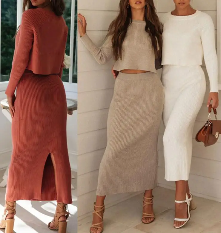 STOCK 3Colors Knitted Sweater and Long Skirt Two Piece Set Women Crochet Winter Slim Fit Lady Sweater Set