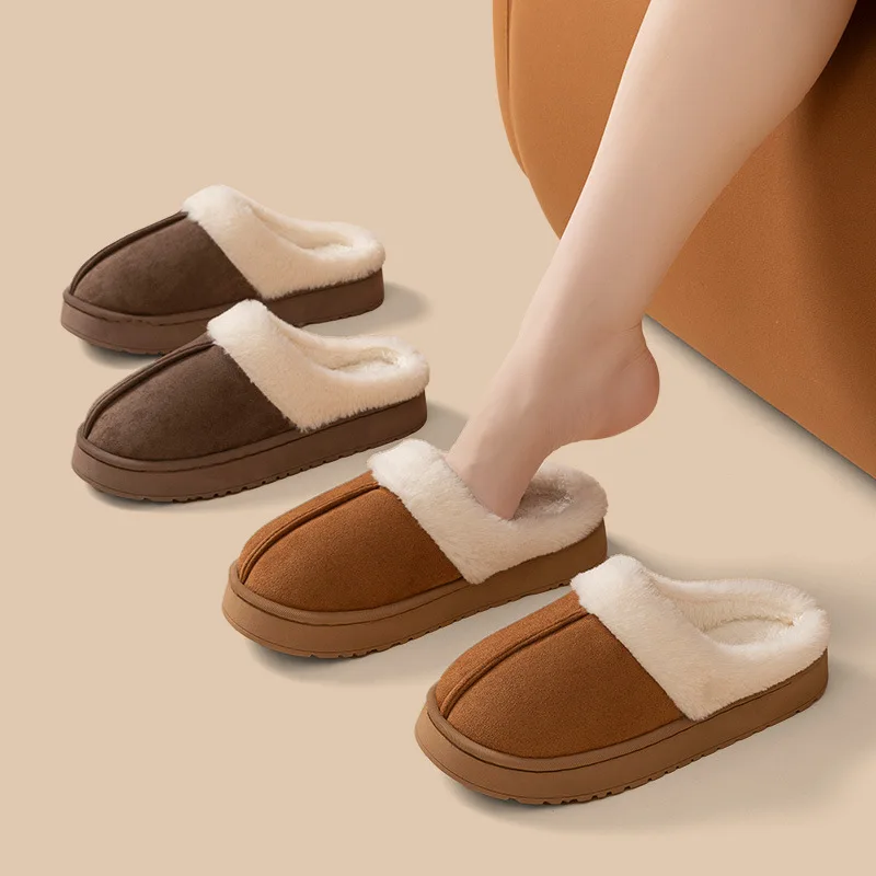 Wholesale 2024 Winter Fashion Fur Faux Sued Cotton Soft TPR Rubber Outsole Plush Fuzzy Cozy Warm Slides Slippers for women