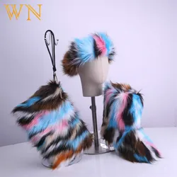 2021 Winter Furry rainbow shoes rainbow warm women set bag fur boots and matching headbands purse purses handbags handbag
