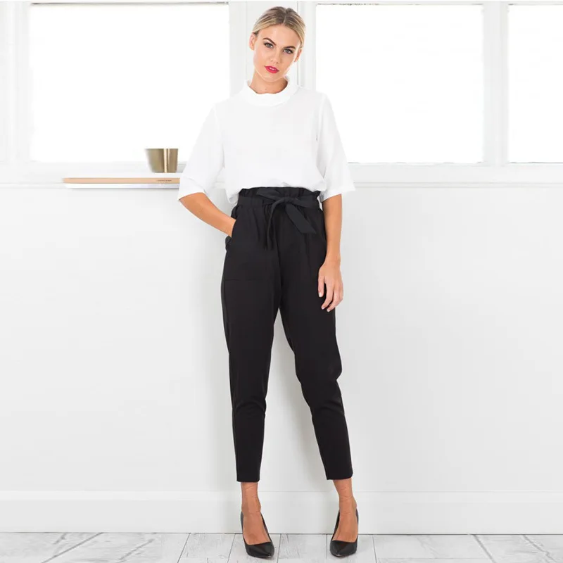 
Women OL high waist harem pants bow tie drawstring sweet elastic waist pockets casual trousers pantalones 8 color Y10920 
