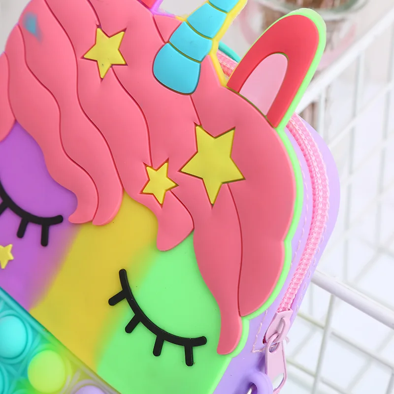 Professional pop girl bag glowing bag unicorn zip silicone fidget unicorn bag pack