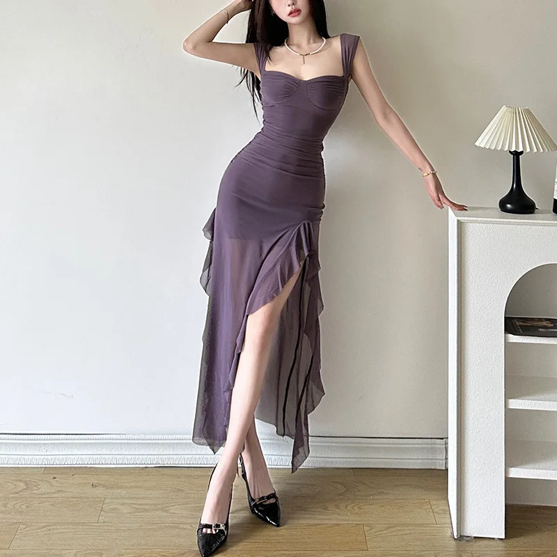 2024 summer vacation style sexy strap tube top split classic-fit chest cup long dress for women