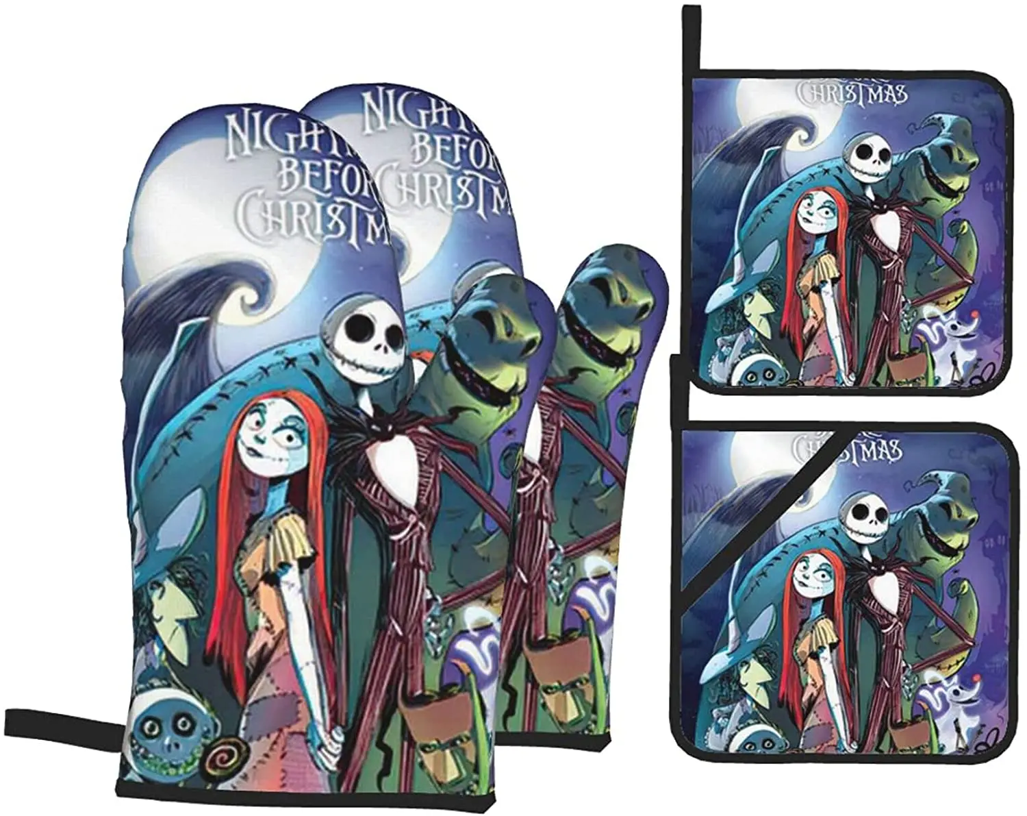 Waterpoof Oven Mitts And Pot Holders Sets The Nightmare Before Christmas With Lanyard High Heat Resistant Soft Cotton