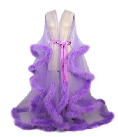 Sexy Deep V-neck Tulle Maternity Dresses Lace Hollow Horn Long-sleeved Feather Long Robe Nightgown Sleepwear Party Dress