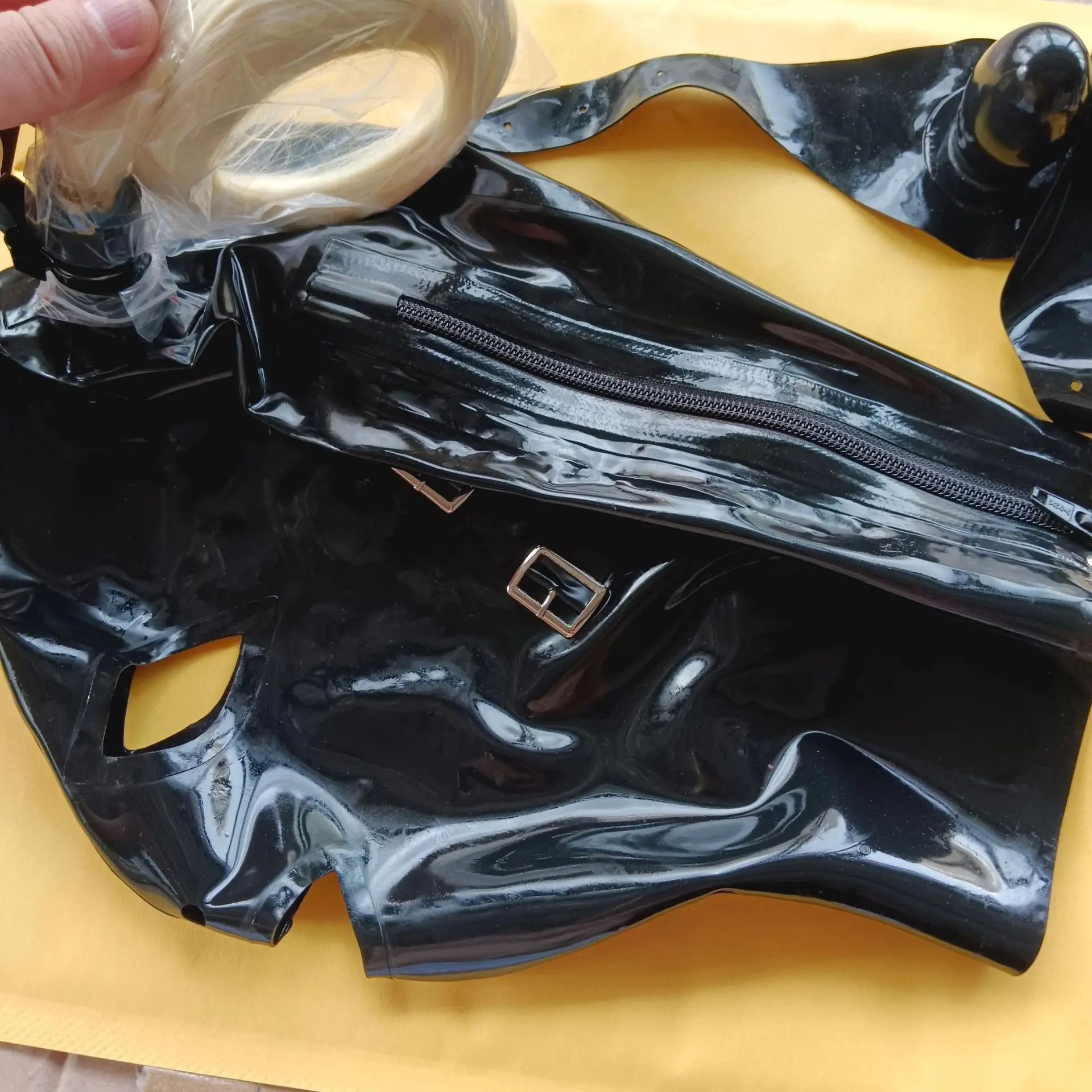 Sexy Latex Headgear Black Latex Mask with Ponytail and Zipper Cosplay BDSM Fetish Latex Rubber Hood Mask Headgear