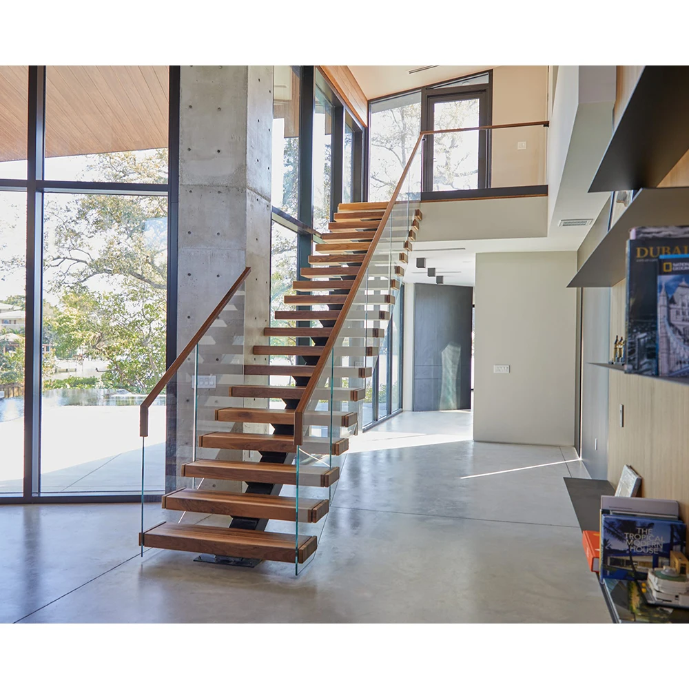 Mono beam straight stairs Interior staircase with Wood Tread and Glass Railing