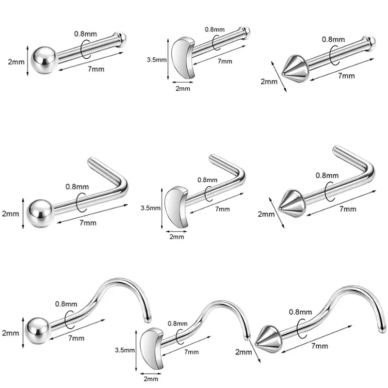 2024 Custom Stainless Steel Surgical Steel Jewelled Nose Screw Piercing Jewelry Nose Piercing Nose Stud