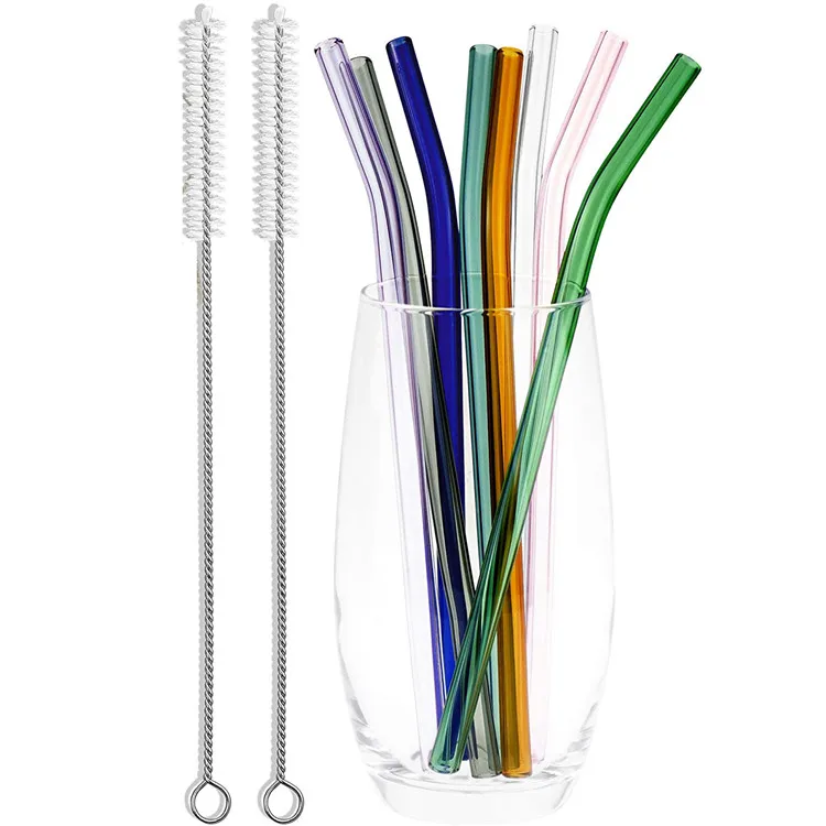 
Reusable Borosilicate Straight And Bent Color Glass Straws With Cleaning Brush 