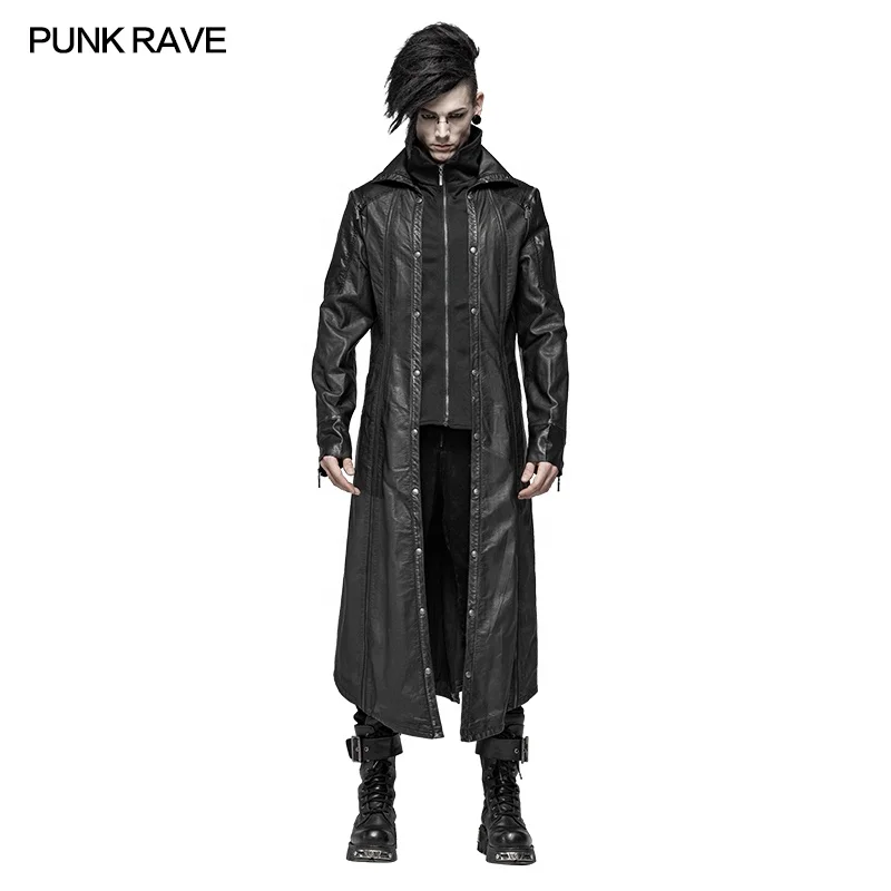 PUNK RAVE Y-422 Wholesale Handsome Gothic Men Long PU Leather Fake Two Pieces Coat