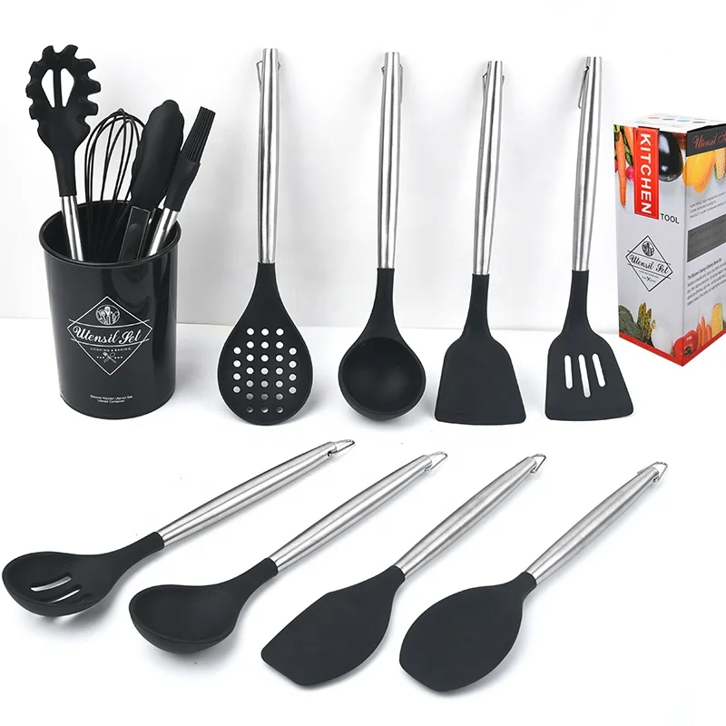 Нержавеющая стальная труба ручка Силиконовая кухонная посуда, 12 шт набор бытовые кухонные жарки рыбы совка ложки взбейте