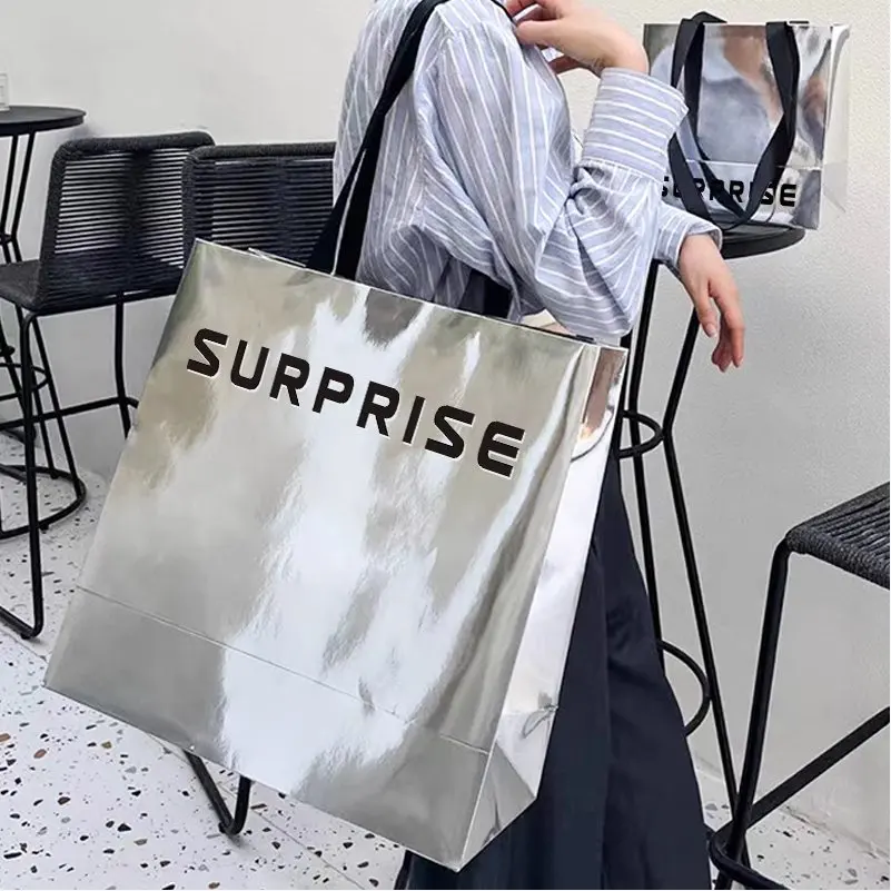 Personalized Custom Reflective Silver Art Cardboard Paper Bag with Debossed Silver Foil Logo Print