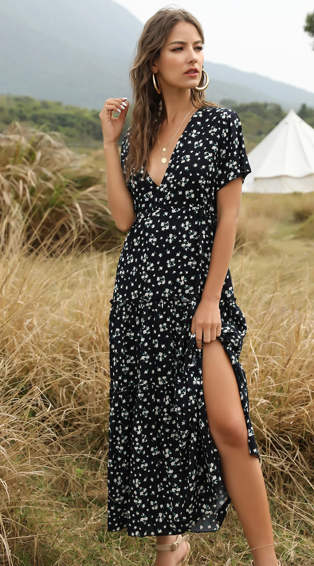 Summer Long Dress Green Floral Print 3/4 Sleeves Tie Waist Indian Women Casual Maxi Dress