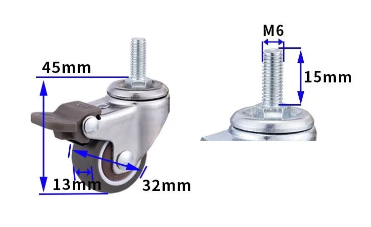 1.25 Inch 32MM M6 Threaded Stem Furniture Caster TPE Wheel Swivel Castor With Brake