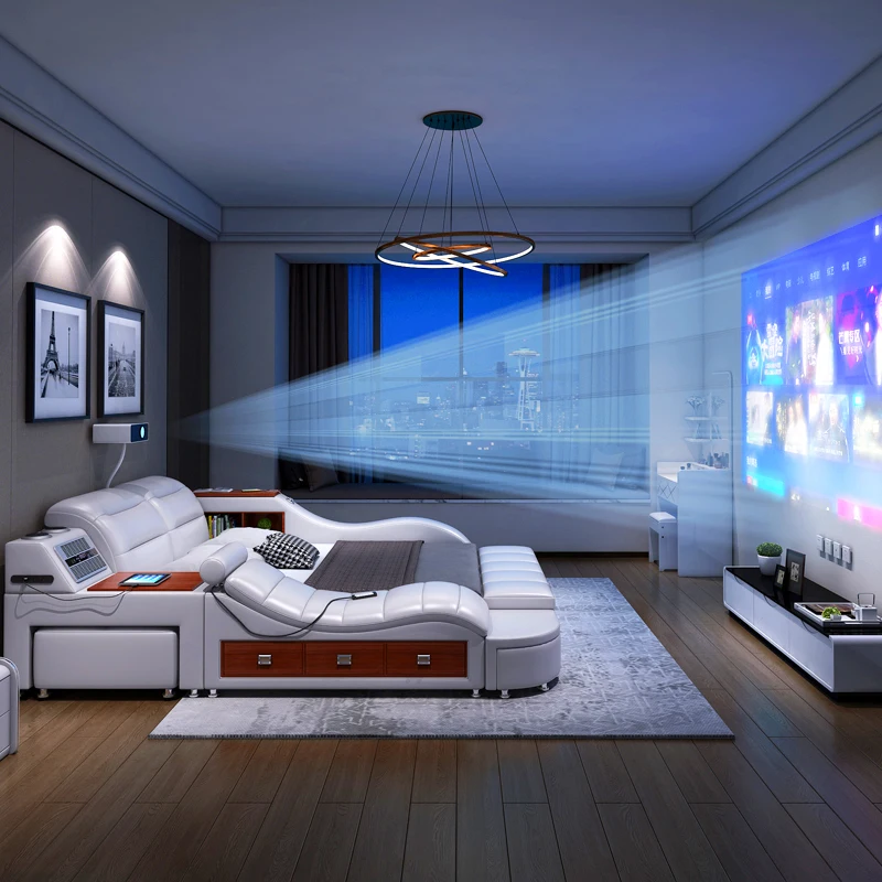 Custom modern leather luxury smart bed with massage music, tatami bed on multi-functional bedroom furniture