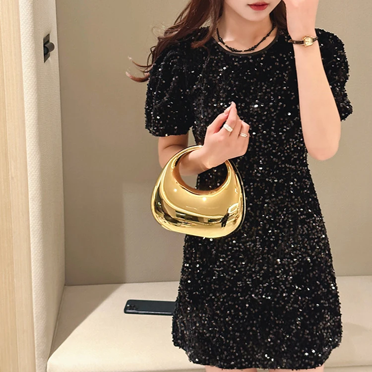 Trendy Stylish Metallic Foil Gold Hobo Handbag Half Moon Elegant Ladies Acrylic Clutch Evening Bag for Women