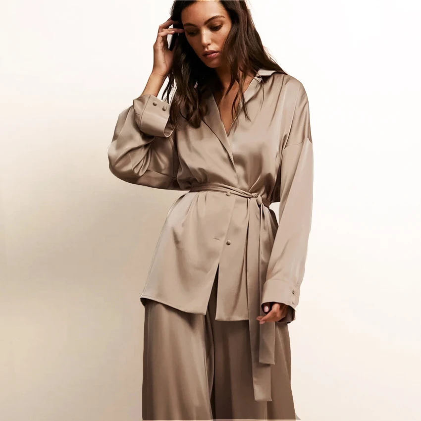 2023 New arrivals women silk sleepwear two piece home wear long sleeve robe with belt luxury satin pajamas