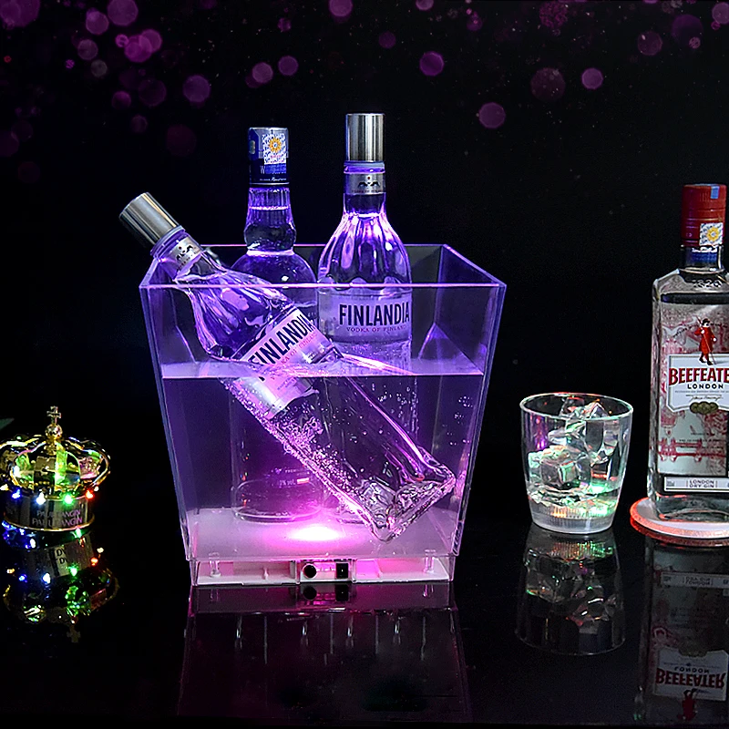 Promotional square shape logo color customized clear rechargeable 10L beer vodka LED  ice bucket Bar Wine Bottle cooler