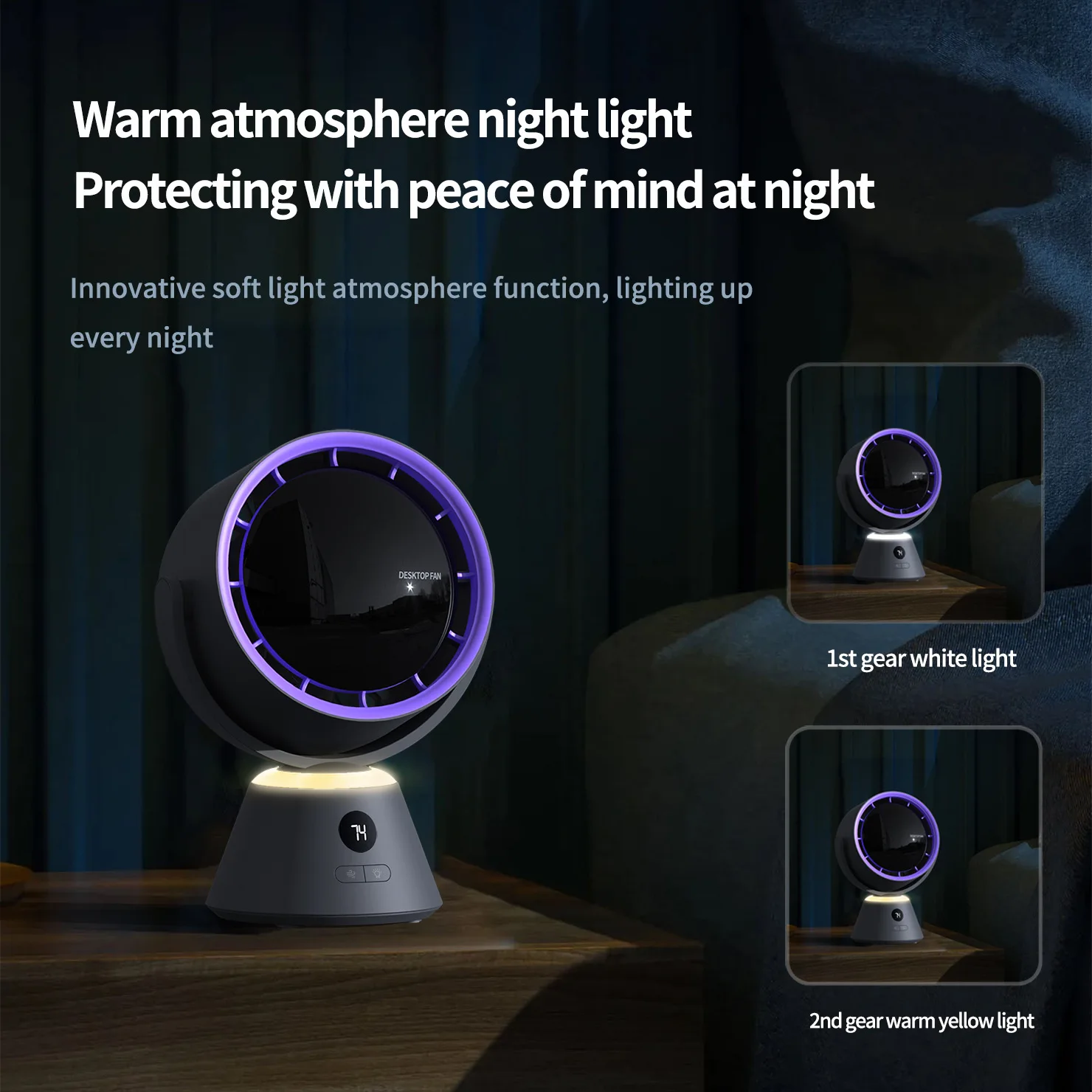 New Type C Rechargeable Desk Top Fan With Night Light High-definition Power Display Shaking Head Fan