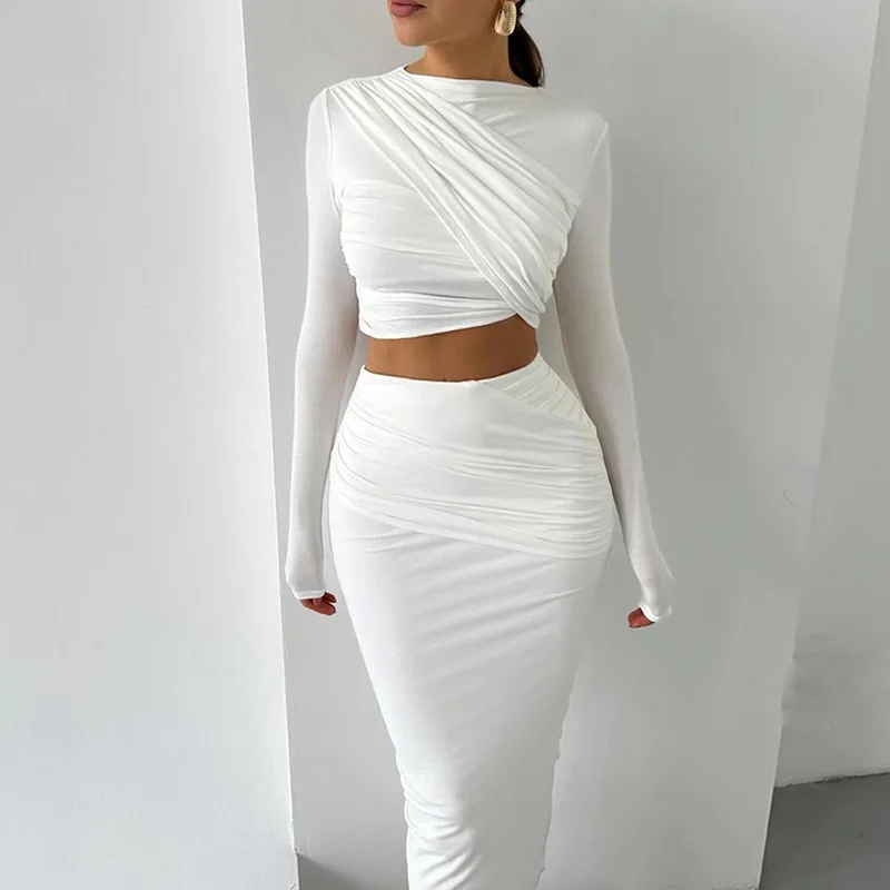 Sml Solid Round Neck Irregular Long Sleeved Open Navel Top Casual Half Skirt 2-Piece Set Fashion Set