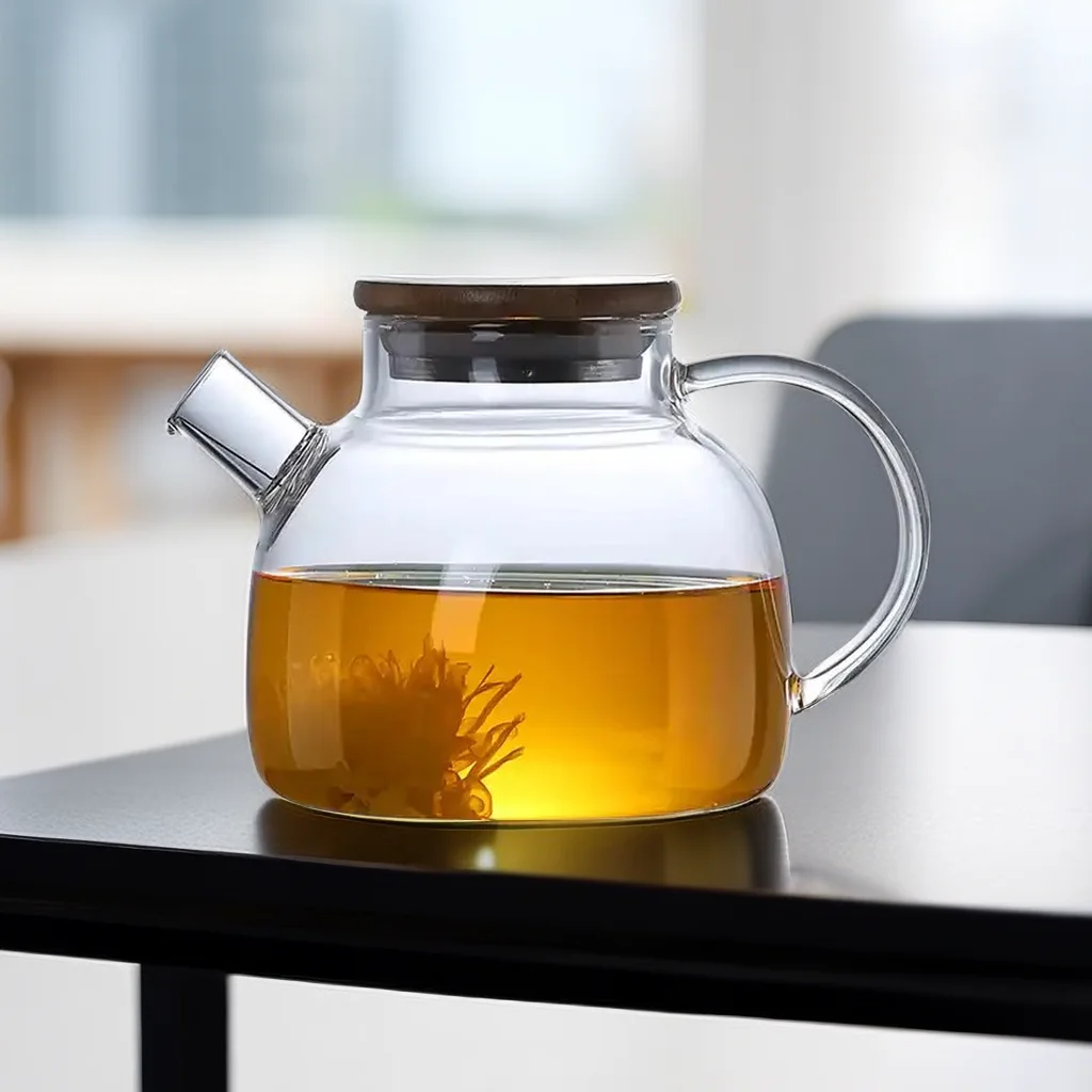 Hand-Blown coffee teapot bamboo lid spring infuser eco-friendly hot water 1L High Borosilicate Glass Teapot With Infuser
