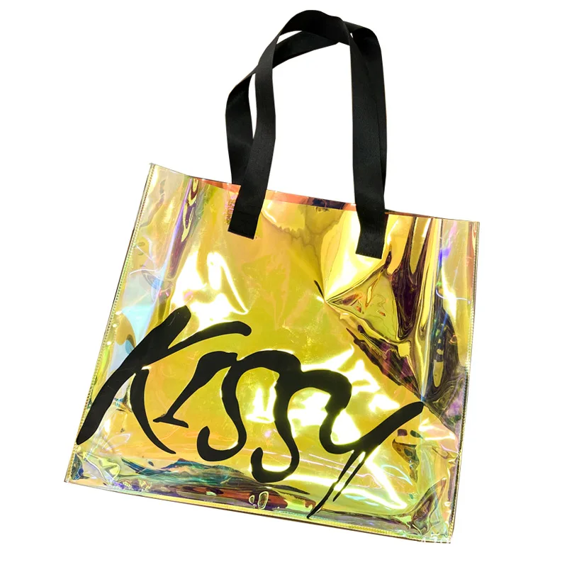Индивидуальные Экологически чистые пластиковые голографические переливающиеся блестящие сумки-тоуты из ПВХ для покупок с логотипом Водонепроницаемая пляжная