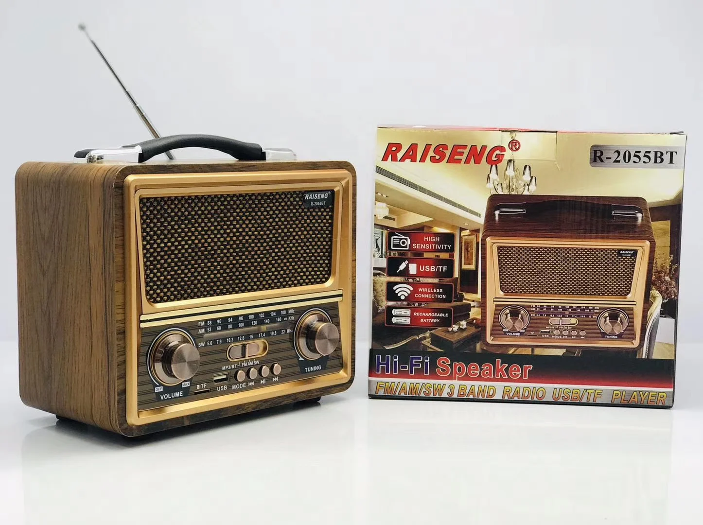  RAISENG R-2055BT FM AM SW 3 диапазона винтажное Ретро Радио перезаряжаемое радио с USB SD TF MP3-плеер