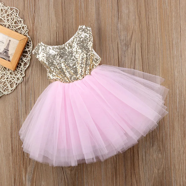 2023 Best Selling Sequin Kids Dresses Around Neck Sleeveless Girls Dresses Solid Tutu Skirts Princess Dresses