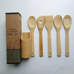 Natural Bamboo Kitchen Cooking Utensils Wholesale 6 Piece Tools Spoon Fork Spatula Set