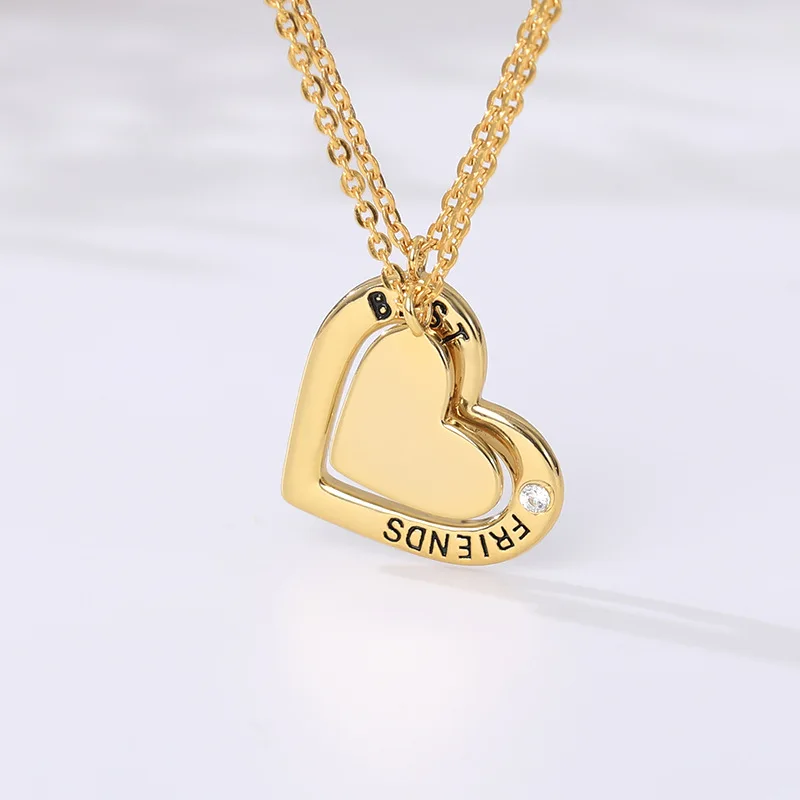 Gold Plated Stainless Steel BFF best friend Forever Heart Iced out Pendant Necklace