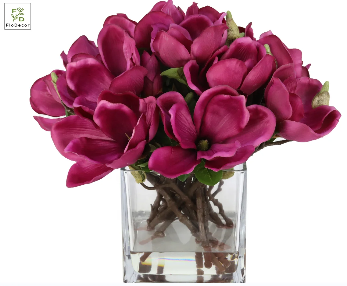 High Quality Customized Artificial Magnolia Flower Floral Arrangement With Square Vase and Water For Home Hotel Decoration