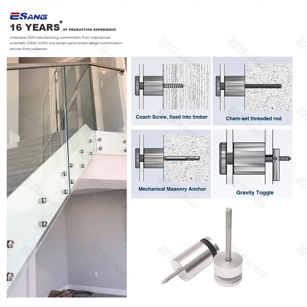 ESANG Balcony Stair Wall Mounted Glass Railing Adjustable 304 316 Stainless Steel Advertising Nail Glass Standoff Screw Pin