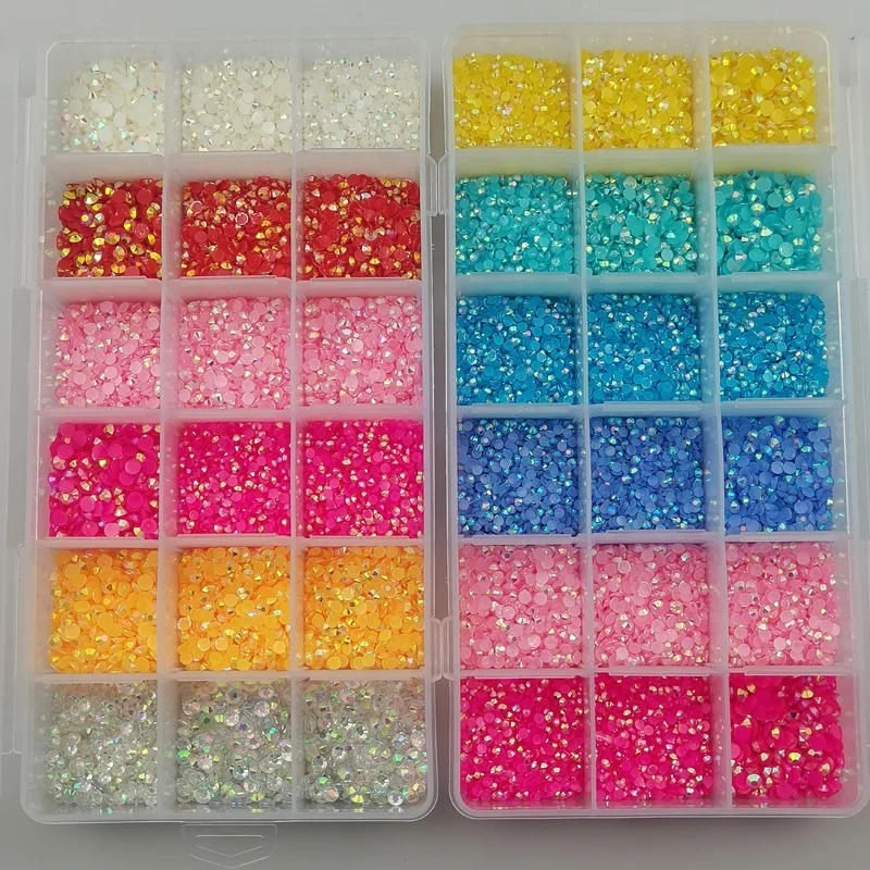 Wholesale 24 Cells Mixed Colors Jelly AB Candy Stone Boxes Resin Nail Rhinestones Flat Back Crystals for DIY Bags Art Crafts