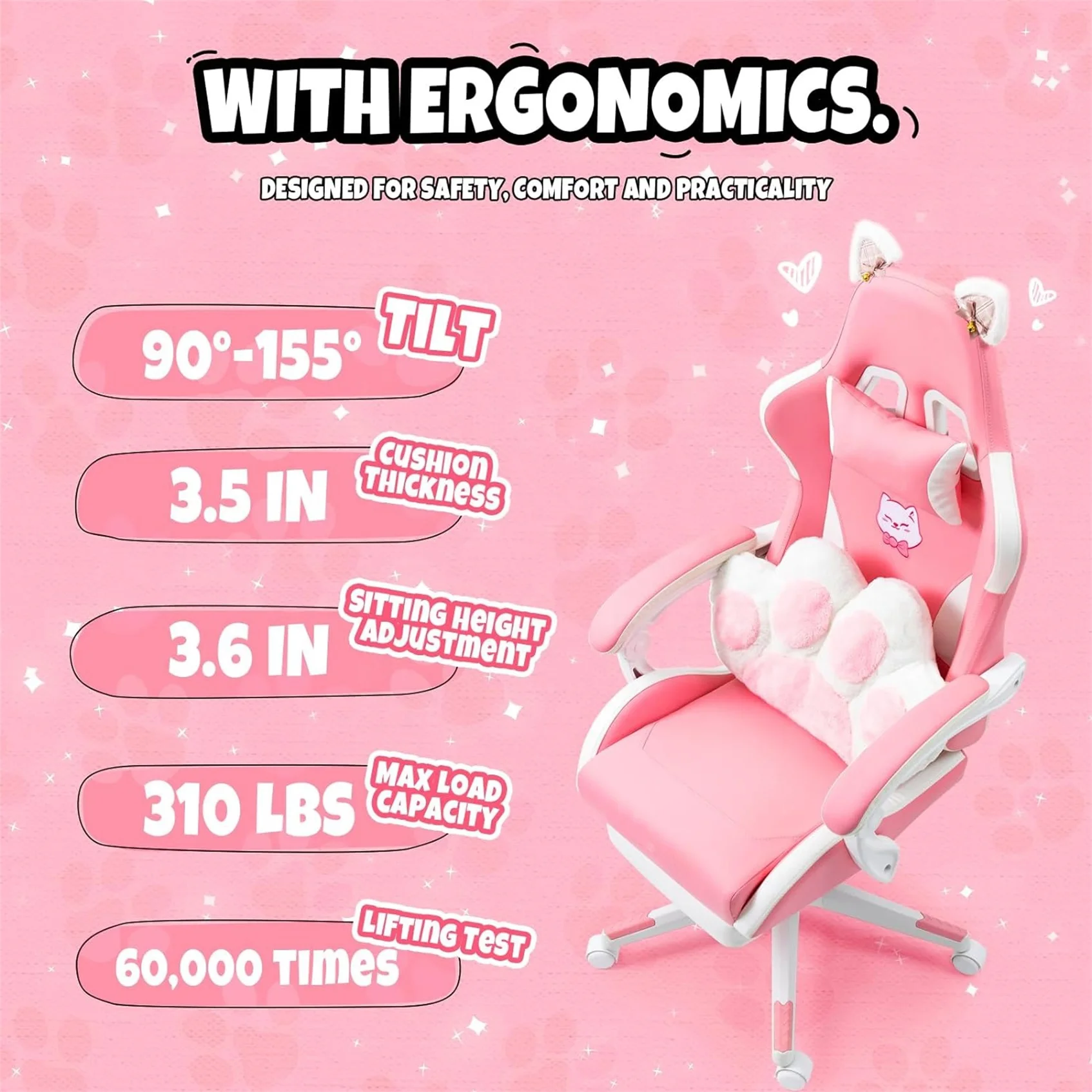 Leather Home Office Women Girl Cute Cat Gaming Chair Lumbar Pillow Pink hello cat gaming chair with footrest