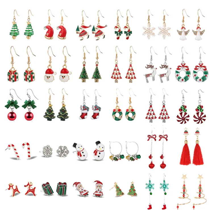 Wholesale Alloy Enamel Earrings Snowflake Elk Bell Charm Earrings for Christmas