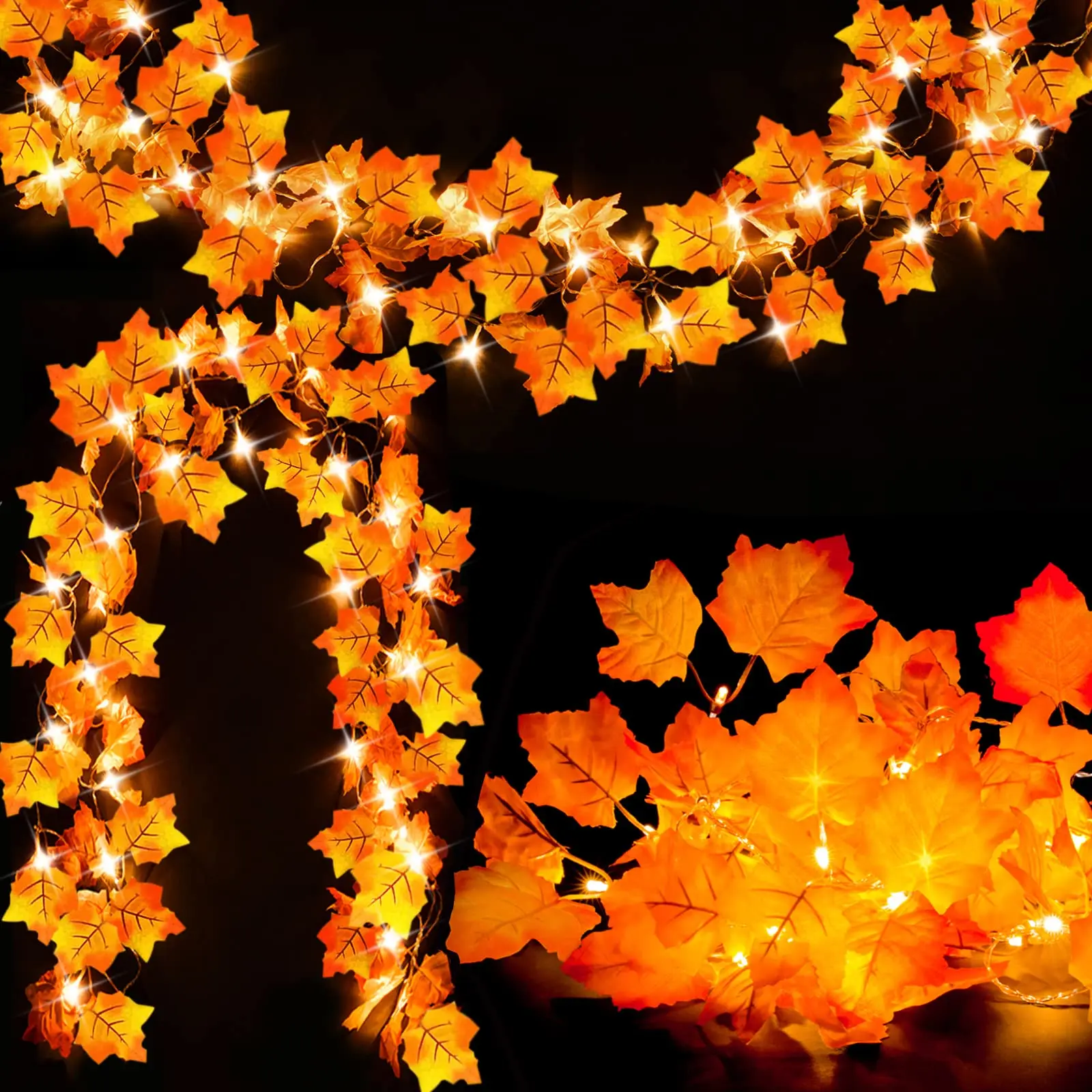 16.4FT 40LED Indoor Room Autumn Harvest Thanksgiving Decorations Lighted Fall Garland Halloween Decor Maple Leaves String Lights
