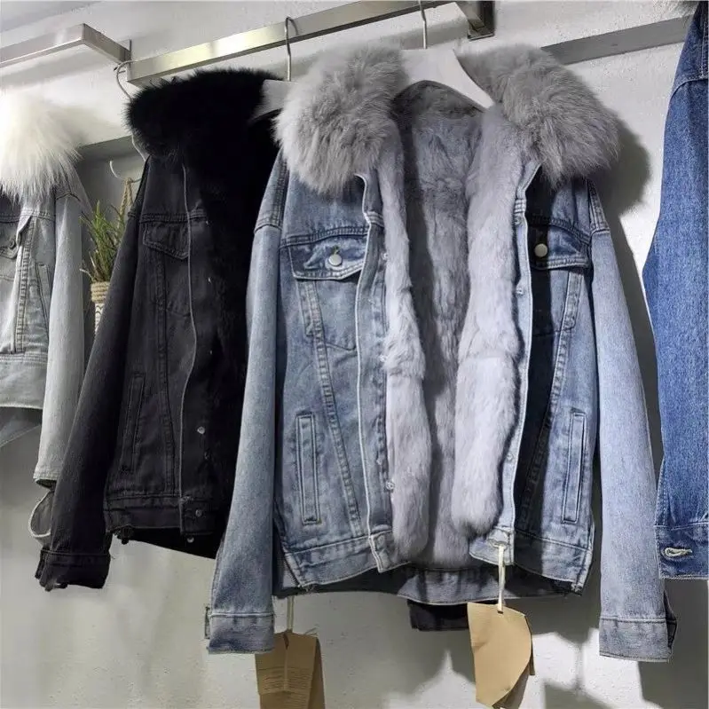 Wholesale Autumn Winter New Fashion Fur Jean Jacket For Women Denim Coat Fur Lining Vintage Casual Jacket