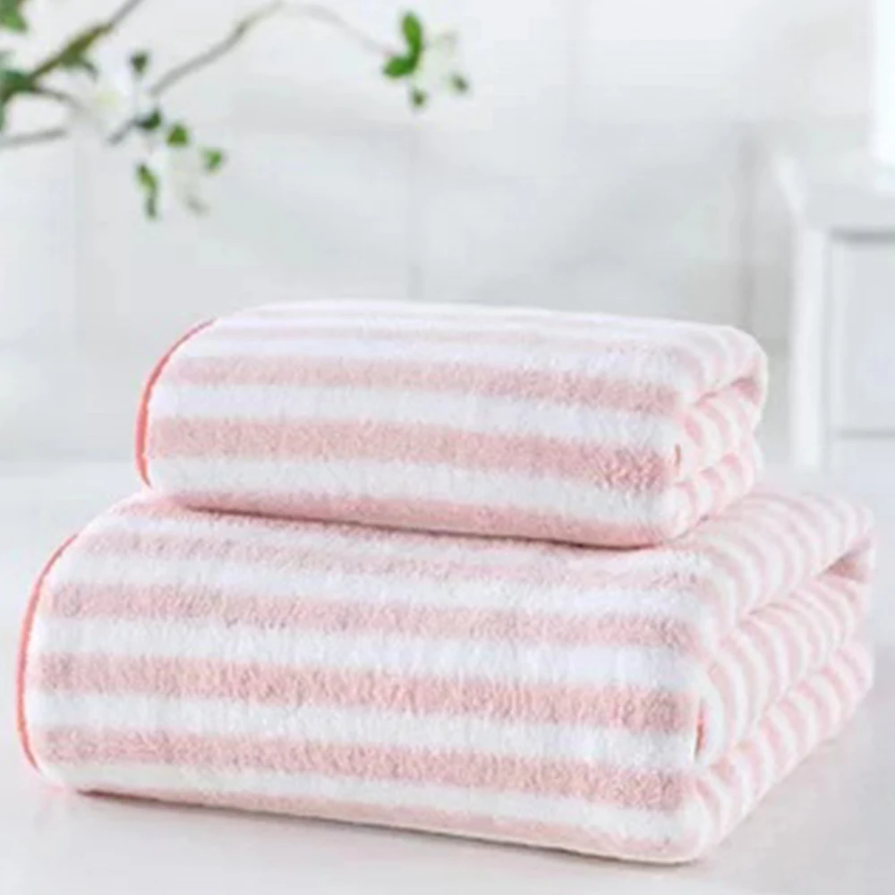 Wholesale absorbent coral fleece velvet hand bath towel set microfiber stripes 70x140