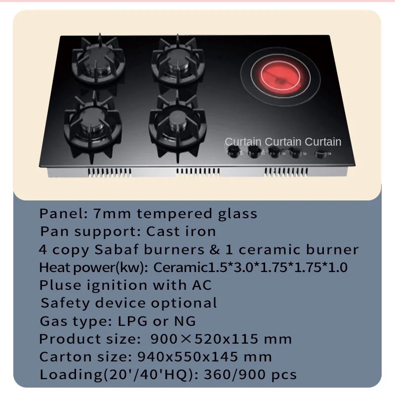Zhongshan Nuoyi Kitchen appliance 4 gas burner 1 electric hotplate gas cooker stove LPG/NG Convertible gas and electric hob