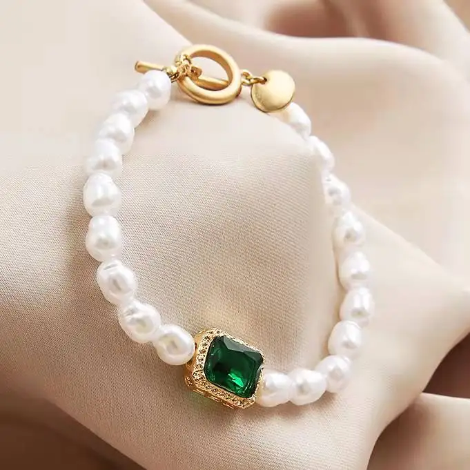 Baroque Full Freshwater Pearl Green gem Bracelet Natural Bead Stone Ot Buckle Bracelet
