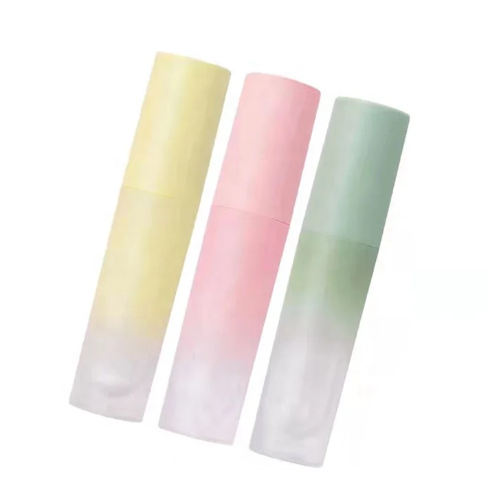 Round empty mini gradient green yellow lipstick lip gloss container frosted pink lipgloss packaging tubes with heart brush 3ml