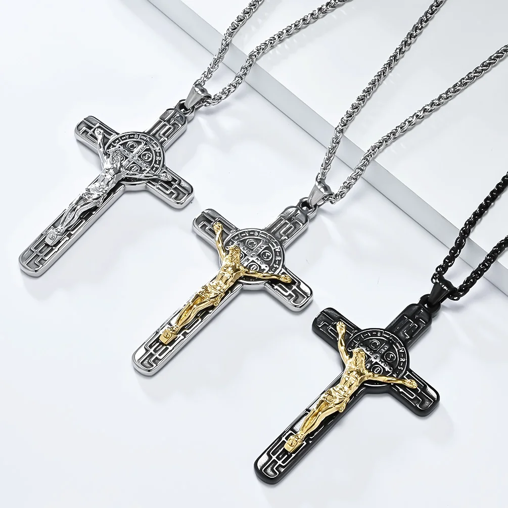 Vintage Punk Stainless Steel Two Tone St Benedict Jesus Big Pendant Necklace Women Men Religious Christian Gift Jewelry