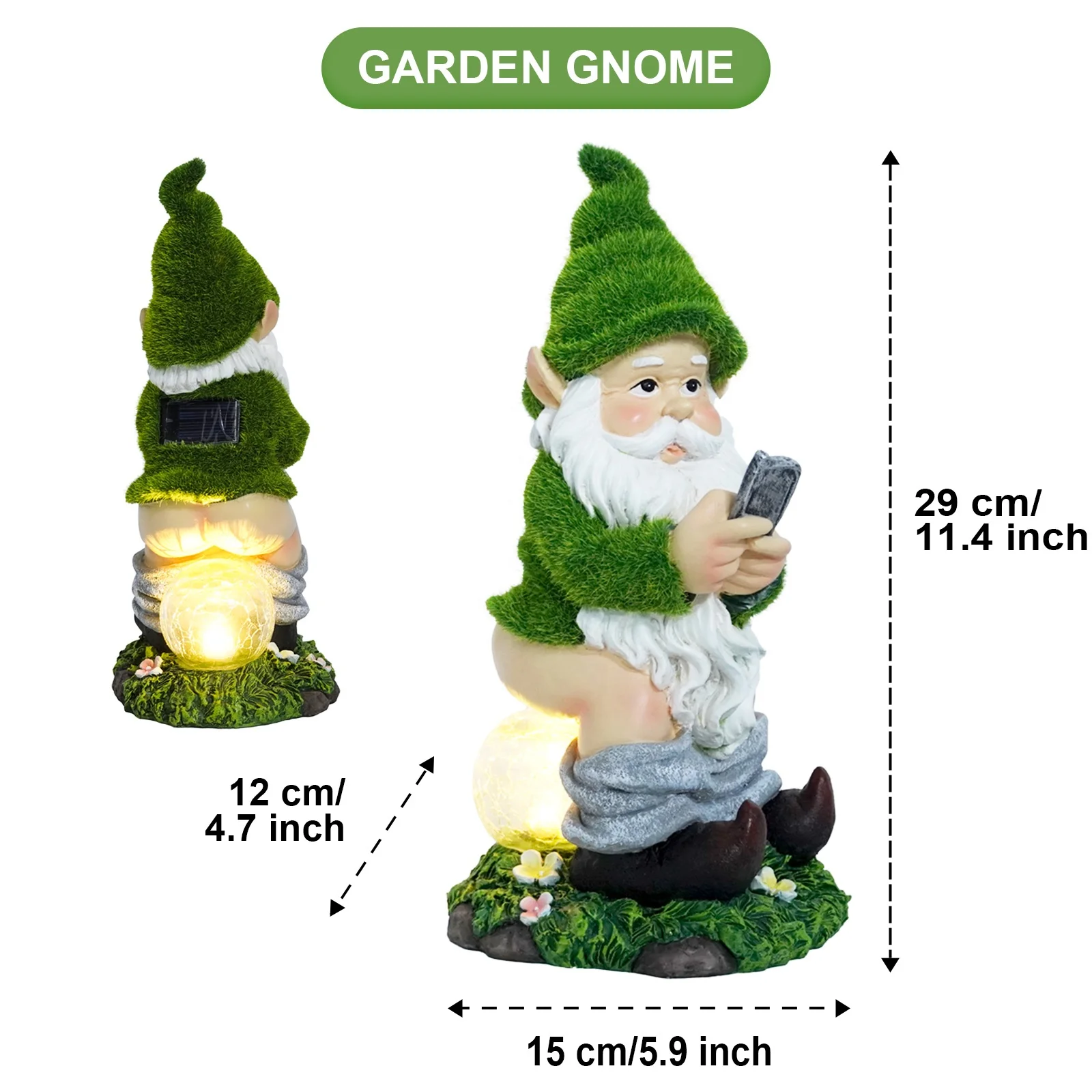 garden decoration flocked artificial moss Resin dwarf gnome statue with Mobile sitting on a glass ball with solar light