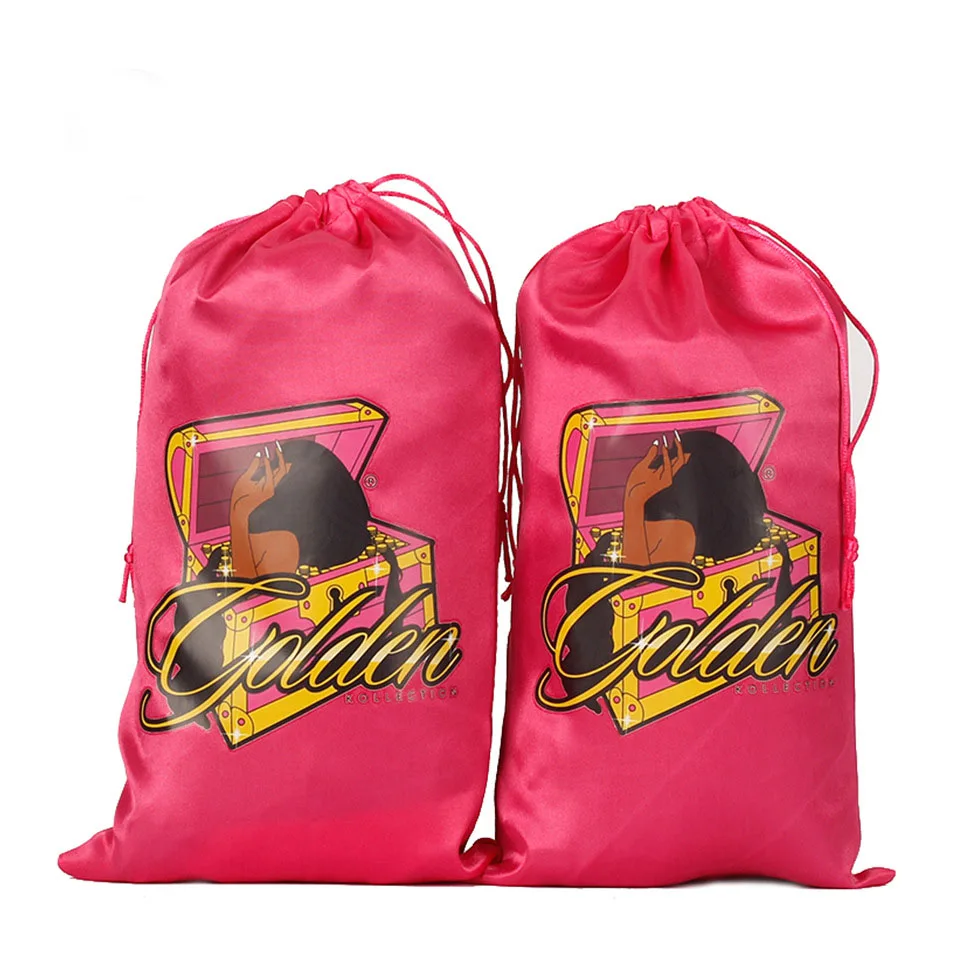 Custom Logo  Wig Bags Hair Bundles Satin Pink Bag Packaging  Drawstring Silk Satin Bag for Wigs