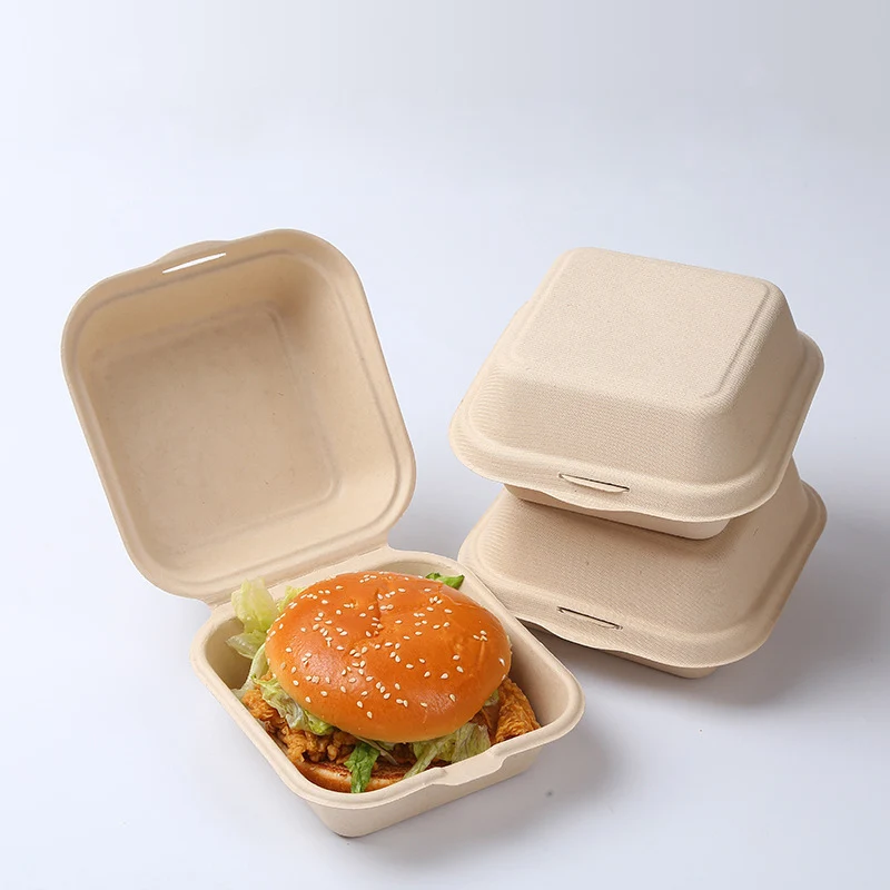 6 inch clamshell box disposable sugarcane lunch box food bagasse container biodegradable compostable takeaway hamburger box