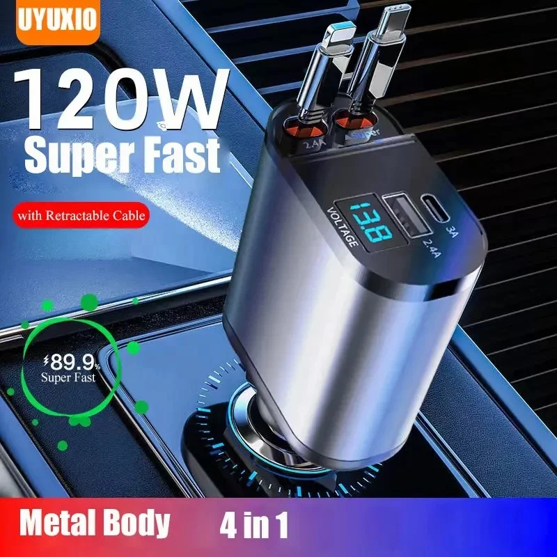 120W 4 In 1 Fast Charging Car Charger Retractable USB-C Cable Mulitport Car Phone Charger PD 60W Car Charger Cigarette Lighter