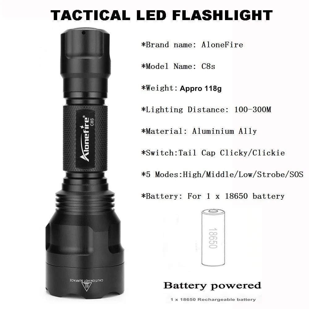ALONEFIR C8 10W T6 Led High power Tactical Flashlight Aluminum Outdoor Travel Patrol Hunting Hike Waterproof Bright light Torch