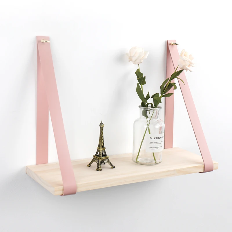 Rustic wooden wall mounted hanging shelf with leather strap wall hanging shelves