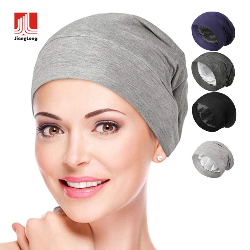 Custom Logo Stretch Bamboo Satin Silk Lined Oversized Sleep Cap Beanie Slap Cap Soft Stain Lining Slouchy Chemo Beanie Hats