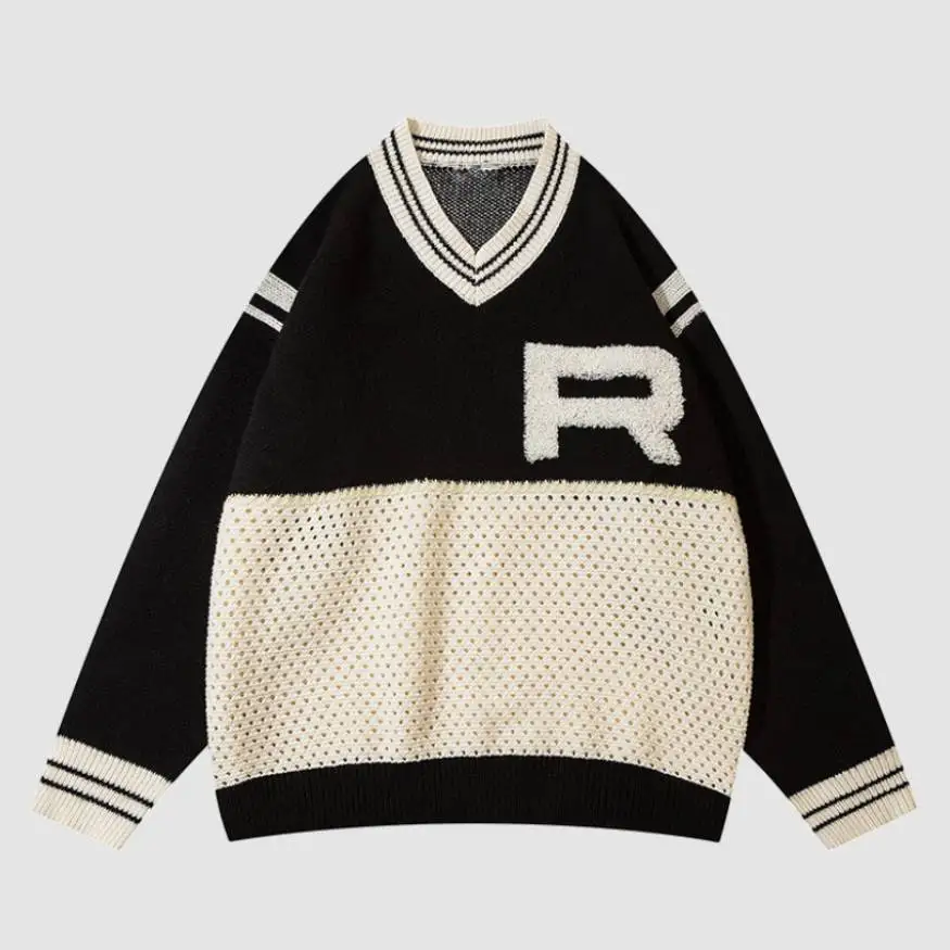 Custom fall and winter loose casual striped ribbed patchwork v-neck letter knit sweater for men