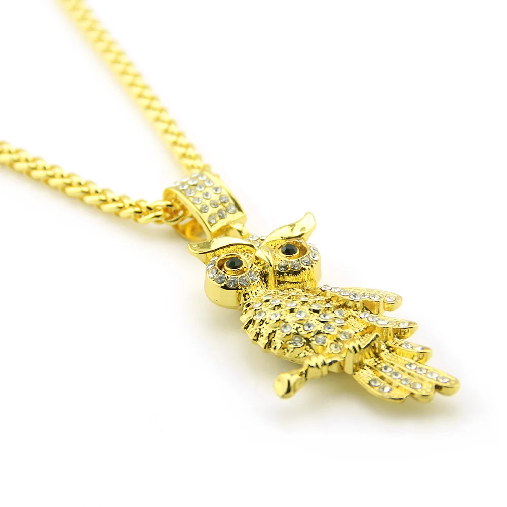 Fashion Simulated Diamond CZ 18K Gold Bling Full Iced Out Owl Pendant Necklace